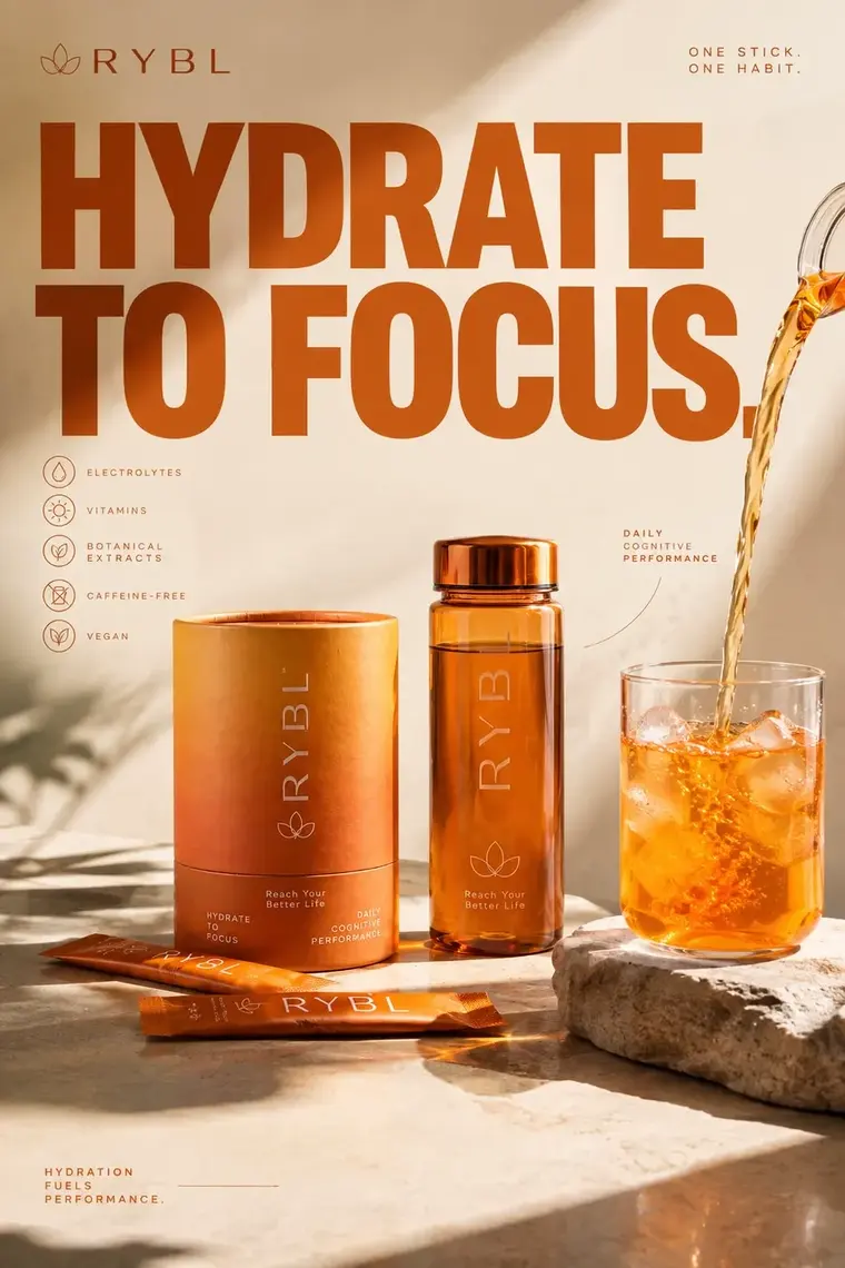 Cartel editorial de RYBL: bote, botella y vaso servido, con el titular Hydrate to Focus