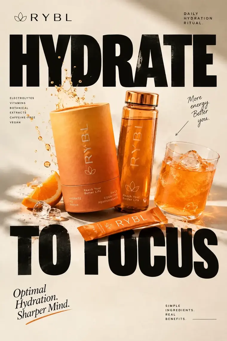Cartel editorial de RYBL: Hydrate to Focus en negro, con naranja y hielo