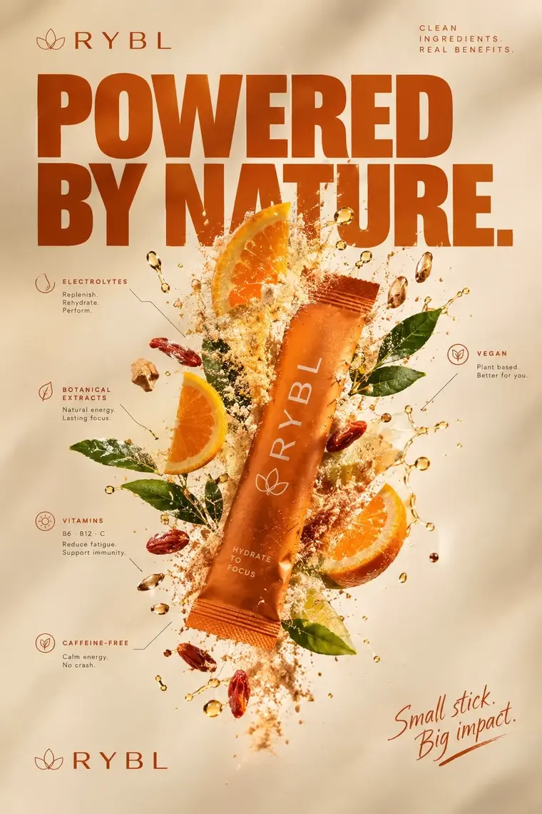 Cartel editorial de RYBL: Powered by Nature, con el stick y sus ingredientes